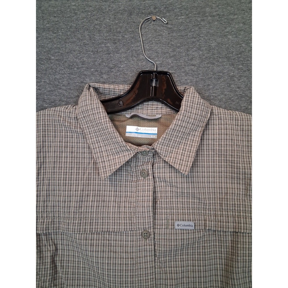 Columbia Womens Shirt Small Green Micro Plaid Seersucker Neutral Gorp PNW Vented